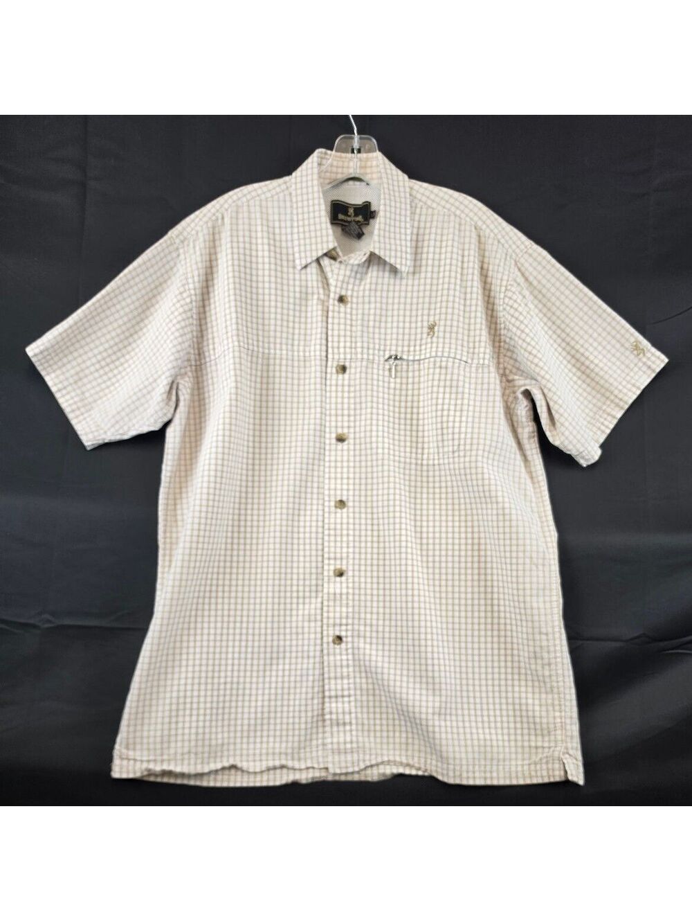 Browning Men's Large Short Sleeve Button-Up Shirt Beige Check Cotton Nylon Trim